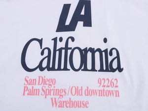 Detailed close-up of American vintage graphic print on white cotton t-shirt fabric
