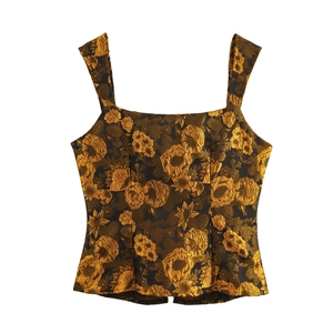 Elegant women's dark jacquard tank top with gold metallic floral patterns and wide straps