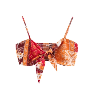 Women's summer two-piece outfit with bohemian paisley print crop top and tie-front detail