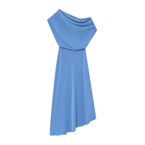 Women Summer One Shoulder Draped Midi Dress Casual Solid Sky Blue High Waist A-Line Streetwear Party Dress Vestidos