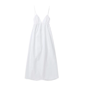 Elegant white V-neck backless maxi dress with thin straps and a pleated waistline