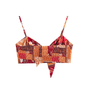 Women's summer boho smocked crop top with geometric print and thin shoulder straps