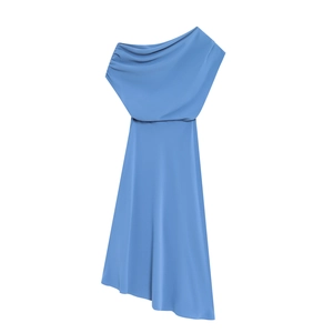 Women's chic mid-length blue dress with one-shoulder design and elegant draped neckline
