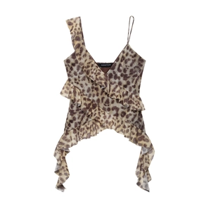 Damen Camisole mit Leopardenmuster, asymmetrischer Rüschenschulter und Volantsäumen