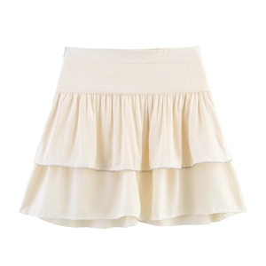 French style creamy white tiered ruffle A-line mini skirt with decorative silver trim