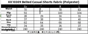 Size chart table for casual polyester shorts with belt showing detailed measurements