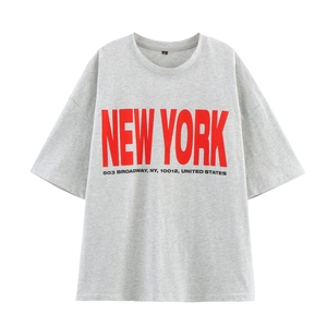 Women Streetwear Cotton Blend New York Letter Print T-Shirt Oversized Drop Shoulder Crew Neck Short Sleeve Top Heather Gray