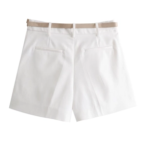 Detailed view of white women's shorts with slim beige belt and back welt pockets