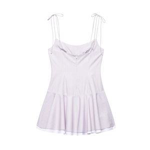 Blau-weiß gestreiftes Sommerkleid mit Bindeträgern und plissiertem Taillenrock