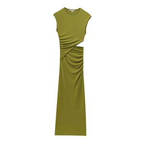 Women Round Neck Sleeveless Side Cut Out Ruched Maxi Dress Olive Green Summer Slim Fit Sexy Commute Elegant Long Dress