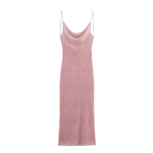 Robe Longue Rose à Carreaux Pour Femmes Col Bénitier Fines Bretelles Dos Lacé Coupe trapèze Vacances Été Plage Élégante Sexy