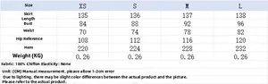 Detailed size guide table for floral print slim dress in XS to L with measurements