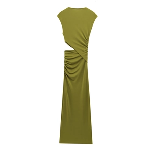Olive green sleeveless long dress featuring waist cut-out details and ruched styling