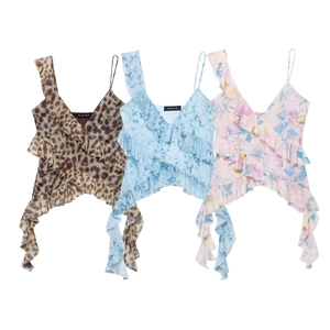 Sexy Damen Asymmetrische Rüschen Camisole V Ausschnitt Leopardenmuster Mesh Tank Top Unregelmäßiger Saum Sommer Strand Party Weste