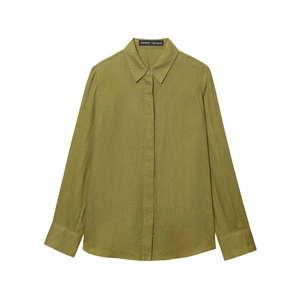 Chemise à manches longues en lin vert olive avec poignets boutonnés et col classique
