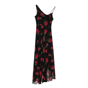 French style slim black midi dress with vibrant red rose prints and asymmetric neckline