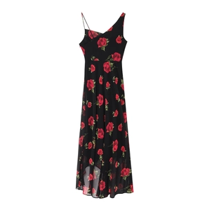 Floral print maxi dress with spaghetti straps and irregular layered hem in black and red