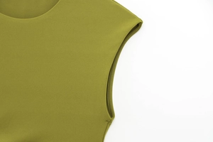 Detail view of olive green sleeveless dress neckline with professional stitching