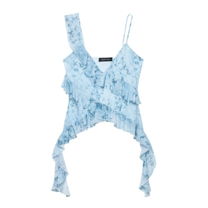 Hellblaues Camisole-Top mit Blumenmuster, Rüschen und asymmetrischem Saumdesign