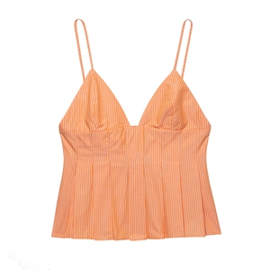 Women Summer Orange White Vertical Striped Camisole V Neck Spaghetti Strap Pleated Peplum Top With Back Zipper Fashion