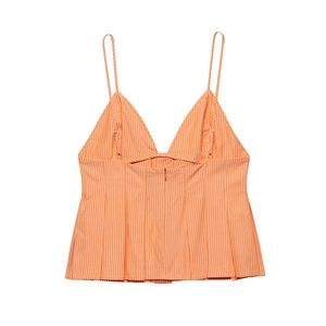 Women's summer orange and white striped poplin camisole with thin straps and V-neckline