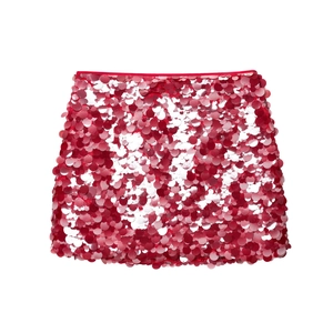Detail shot of shimmering red large round sequins on a mini skirt with A-line cut