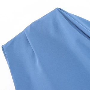 Blue off-shoulder summer dress featuring high-quality chiffon fabric with fine pleated details