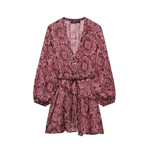 Robe Bohème Imprimé Paisley Col V Manches Lanterne Pour Femmes Vintage Bourgogne Aspect Mousseline Mini Robe Trapèze Fête