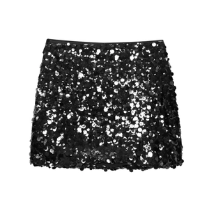 Close-up of black sequin mini skirt showing detailed texture and high-shine finish