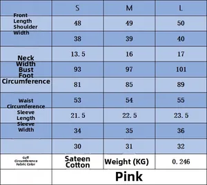 Size chart for women short sleeve knit dress showing S, M, L measurements in centimeters