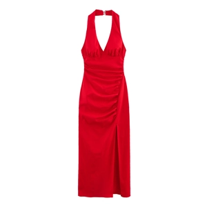 Robe Midi Femme Dos Nu Col en V Profond Plissé Fente Haute Sexy Couleur Unie Sans Manches Élégante Robe de Soirée Moulante