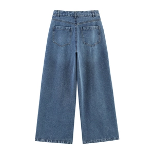 Vue arrière du jean en denim bleu foncé à jambe large avec poches et taille haute