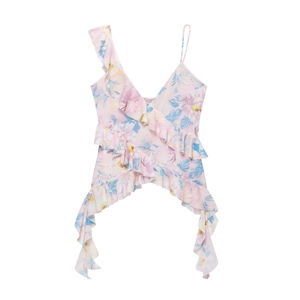 Florales asymmetrisches bauchfreies Top mit Rüschen-V-Ausschnitt aus rosa Chiffon für Damen