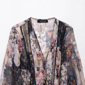 Robe vintage imprimée fleurie à col en V, manches longues et tissu en lurex doré