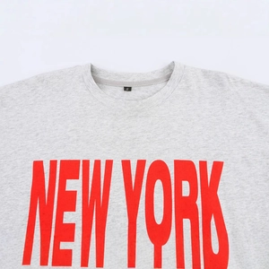 Women's light grey loose fit round neck T-shirt with red New York print lettering