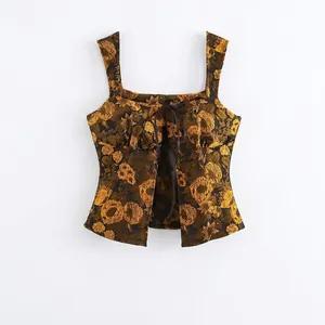Vintage Jacquard Floral Camisole Top For Women Square Neck Wide Straps Bow Tie Sexy Cropped Tank Top Black Gold Flower Blouse
