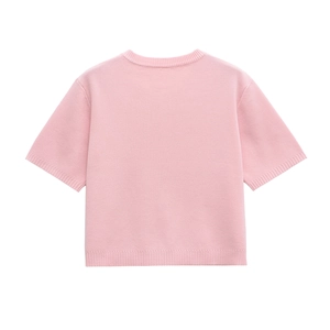 Pink short sleeve knit dress for women with ribbed crew neck and hem on white background