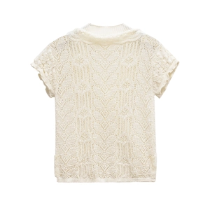 Elegant cream crochet knit short sleeve top with delicate lace trim and wave pattern