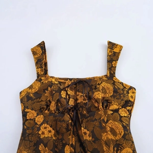 Vintage jacquard camisole top with floral pattern and front lace-up tie detail