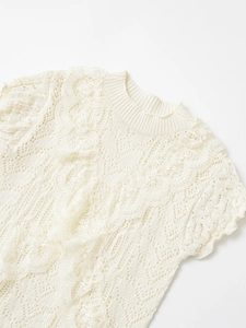 Detailed close-up of crochet hollow patterns and delicate lace ruffles on the knit top