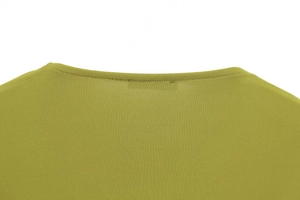 Detail shot of the olive green neckline featuring neat single-needle stitching on fabric