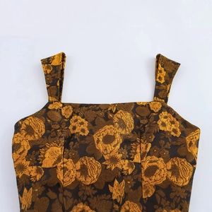 Women's vintage brown jacquard tank top with yellow floral patterns and square neckline