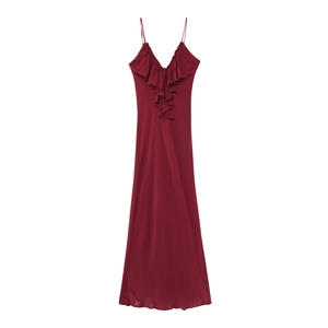 Elegant burgundy backless maxi dress with ruffled V-neck and silky satin texture