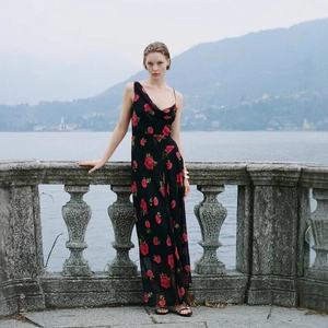 French Vintage Sexy Red Rose Floral Print Chiffon Maxi Dress Women Asymmetric Cowl Neck Slip Dress Slim Fit Irregular Hem Elegant Party Dress