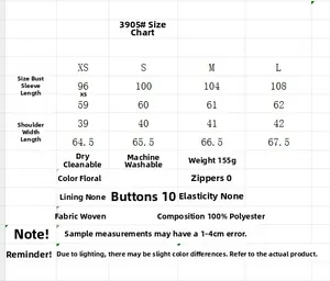 Size chart for women's floral satin shirt listing measurements for XS to L sizes
