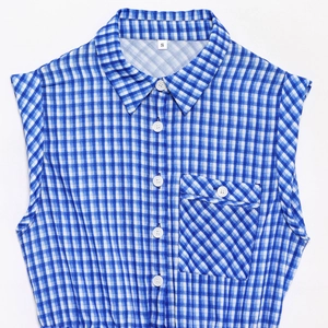 Blue and white gingham sleeveless romper with lapel collar and buttoned chest pocket