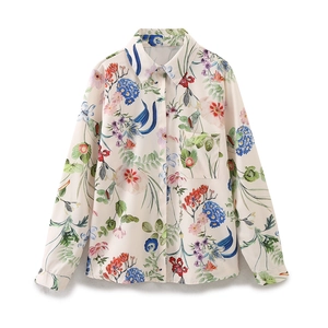 Women's 2025 fashion floral print satin shirt with long sleeves and classic collar