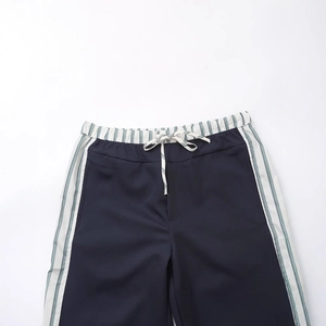 Women's summer navy leisure trousers with green and white striped waistband and drawstring