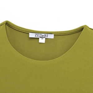 Olive green sleeveless asymmetric dress with pleated texture and round neckline style