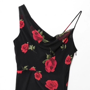 French chic slim fit dress with red rose floral print and elegant cowl neck design